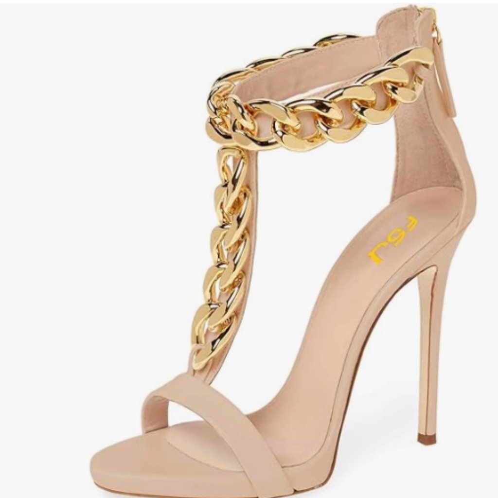 Fsj Nude T-Straps High Heel Golden Chain Open Toe Ankle Strap Back Zipper Sandal